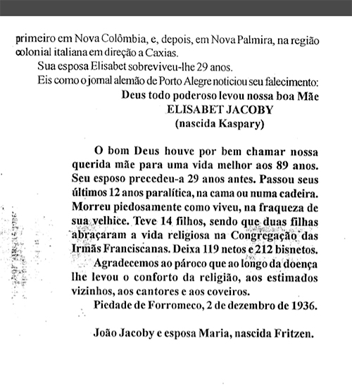 nota de falecimento de Elisabeth Kaspary Jacobi